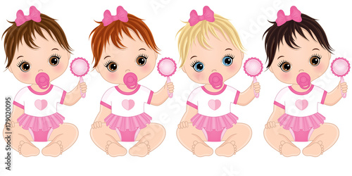 Vector Cute Baby Girls with Rattles and Various Hair Colors