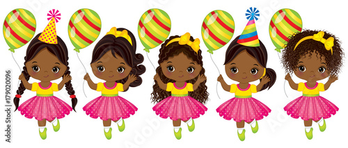 Vector Cute African American Little Girls with Balloons