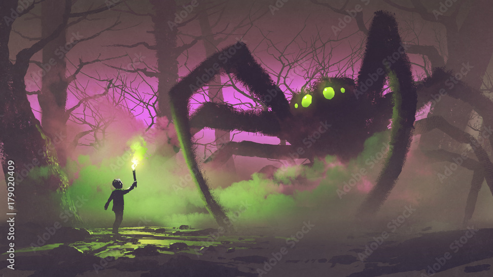 Fototapeta dark fantasy concept showing the boy with a torch facing giant spider in mysterious forest, digital art style, illustration painting