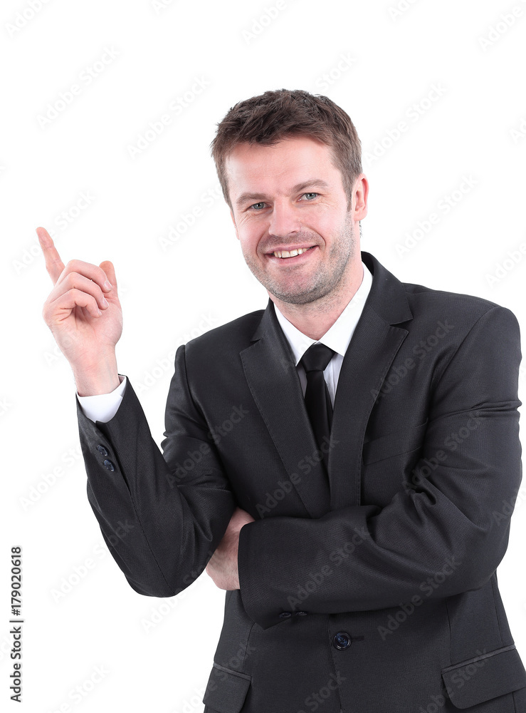 smiling businessman pointing copy space.