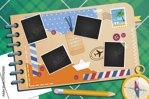 Scrapbooking album with travel elements. Paper objects for your travel and vacation layouts