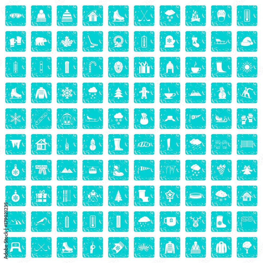 100 winter icons set grunge blue 100 winter icons set grunge blue