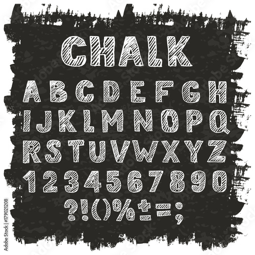 Vector hand drawn sketch alphabet, numbers and signs. Ink scratched font. Hatching white letters on school black board textured background.