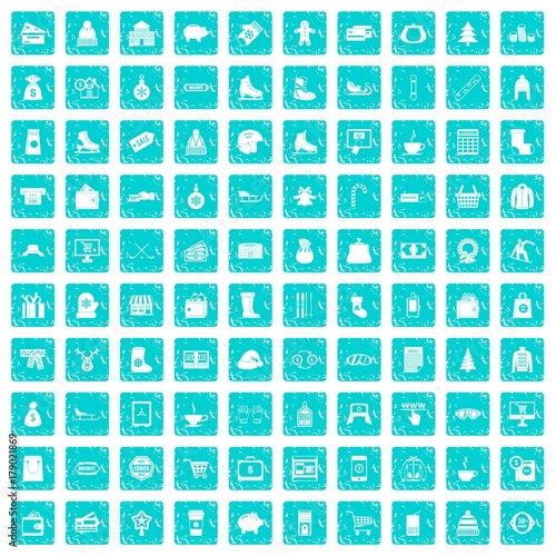 100 winter shopping icons set grunge blue