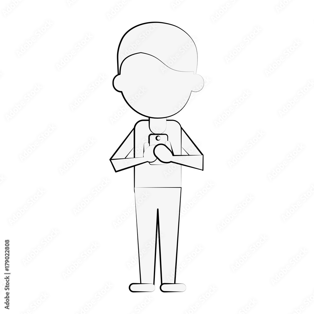 man holding cellphone avatar full body icon image vector illustration design black sketch line man holding cellphone avatar full body icon image vector illustration design black sketch line