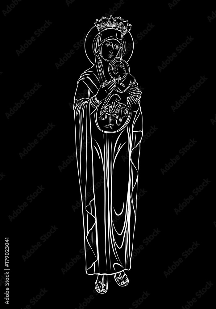 Saint Mary holding baby Jesus. Hand drawn Virgin Mary and Baby Jesus Christ nativity scene. Nativity Christmas graphics design elements. Blackwork adult flesh tattoo concept. Vector.