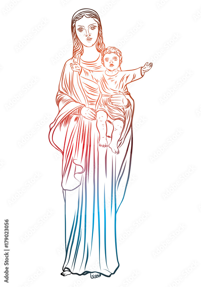 Mother Mary with Jesus Christ baby in her hands. Mother of God with a child. The Nativity or the Birth of the Blessed Jesus Christ. Color adult flesh tattoo concept. Vector.