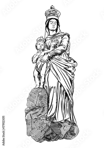 Virgin  Mary or Saint Mary or Mother of God with baby Jesus Christ in her hands. Birth of Jesus. Hand drawn illustration. Blackwork adult flesh tattoo concept. Christmas holiday template. Vector.
