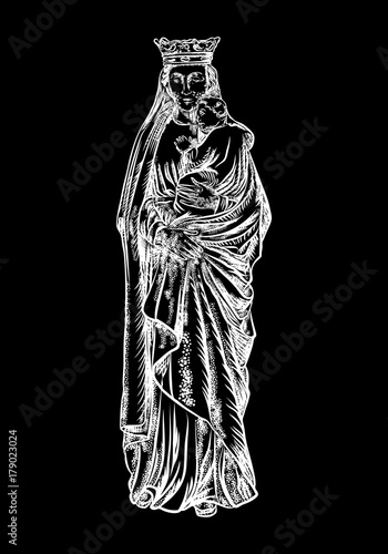 Nativity scene with Holy Mother Christmas card. Saint Mary with the baby Jesus. Birth of Christ. Nativity Christmas graphics design elements. Blackwork adult flesh tattoo concept. Vector.