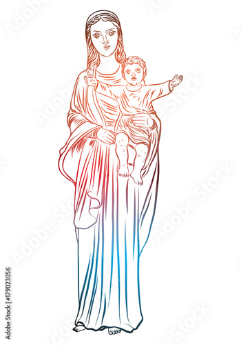 Mother Mary with Jesus Christ baby in her hands. Mother of God with a child. The Nativity or the Birth of the Blessed Jesus Christ. Color adult flesh tattoo concept. Vector.