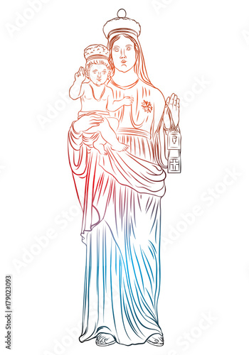 Christmas nativity scene of Virgin Mary holding baby Jesus, hand drawn sketch for Christmas holiday template. Saint Mary and holy baby religious holiday scene.