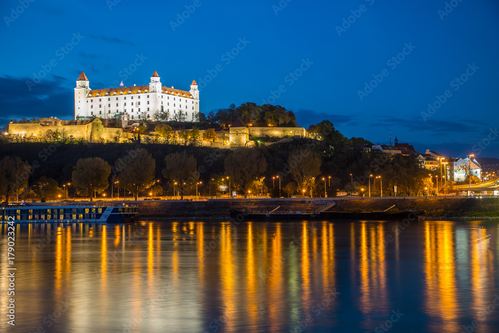 Bratislava castle night,parliament and Danune river. Slovakia . Bratislava