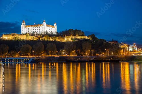Bratislava castle night,parliament and Danune river. Slovakia . Bratislava
