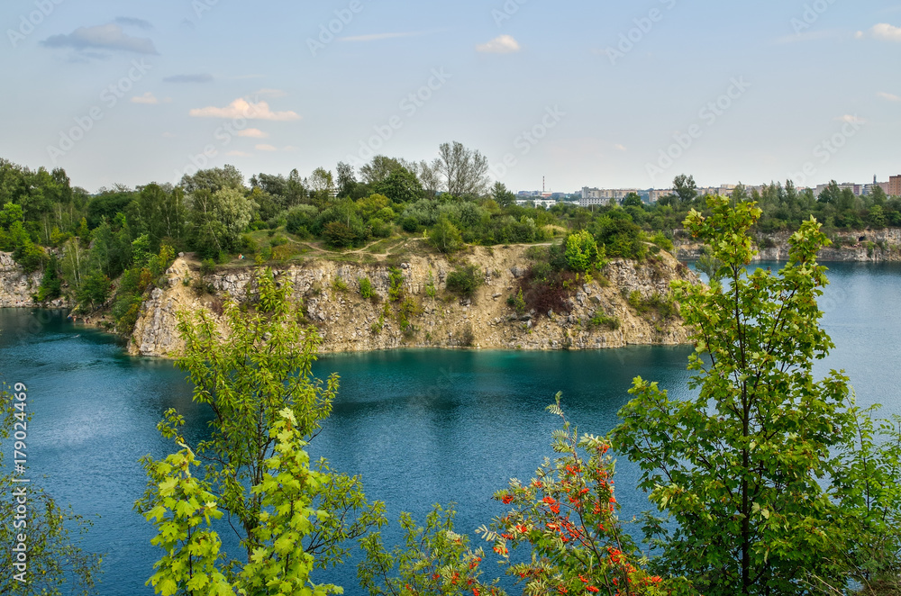 Beautiful quarry with blue water. Water reservoir Zakrzowek in Krakow, Poland.