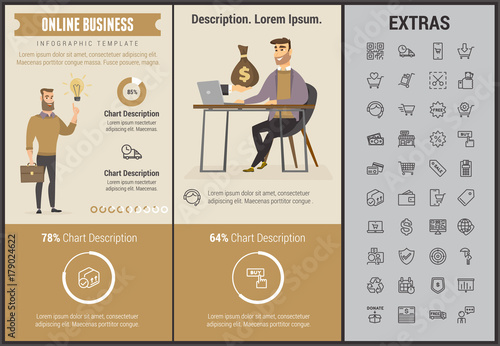Online business infographic template, elements and icons. Infograph includes customizable graphs, charts, line icon set with stack of money, online market, business worker, mobile shop etc.