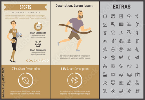 Sports infographic template, elements and icons. Infograph includes customizable graphs, charts, line icon set with sport equipment, sports field, competitive games, champion pedestal, athlete etc.