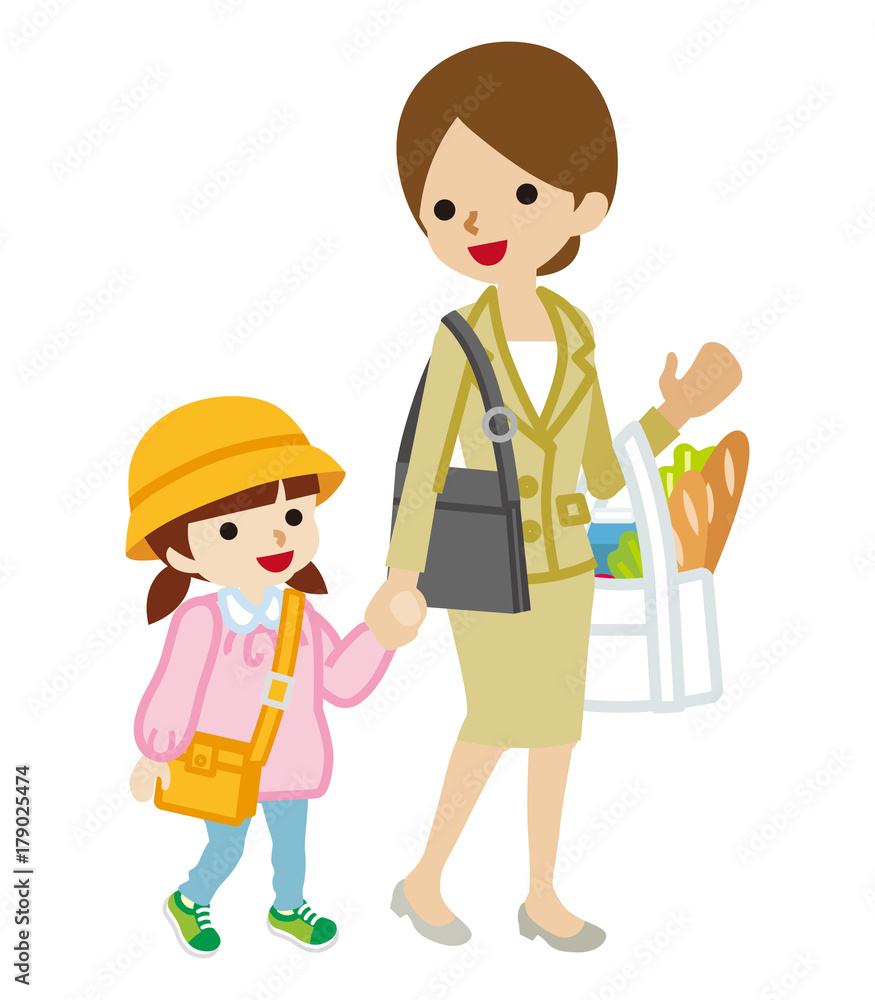 手を繋いで歩く母親と娘 幼稚園 お迎え Mother and Daughter go back to home 手を繋いで歩く母親と娘 幼稚園 お迎え Mother and Daughter go back to home