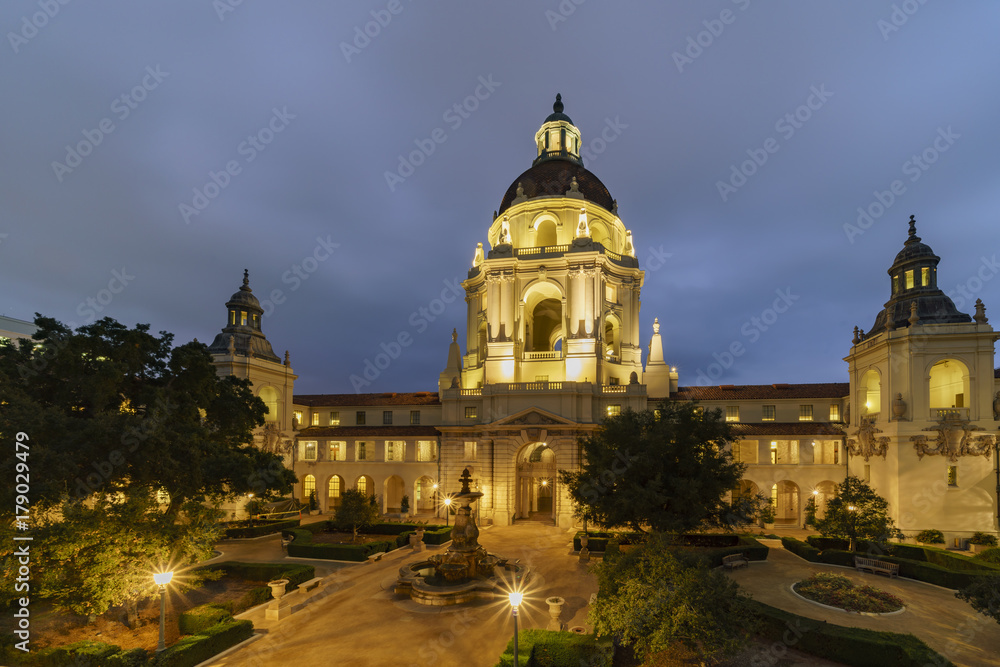 Night view of The beautiful Pasadena City Hall at Los Angeles, California