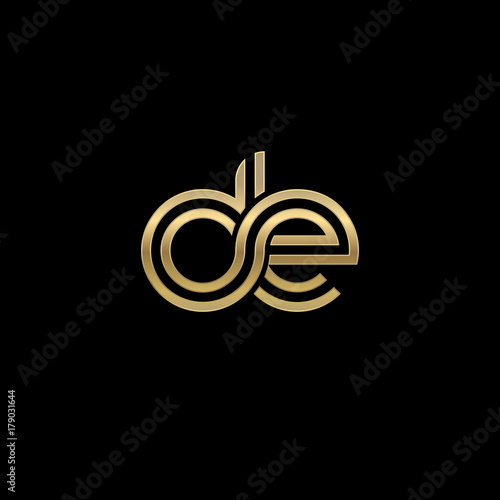 Initial lowercase letter de, linked outline rounded logo, elegant golden color on black background