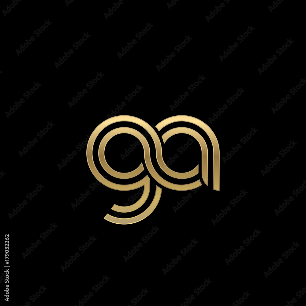 Initial lowercase letter ga, linked outline rounded logo, elegant golden color on black background - obrazy, fototapety, plakaty 