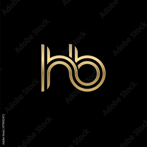 Initial lowercase letter hb, linked outline rounded logo, elegant golden color on black background