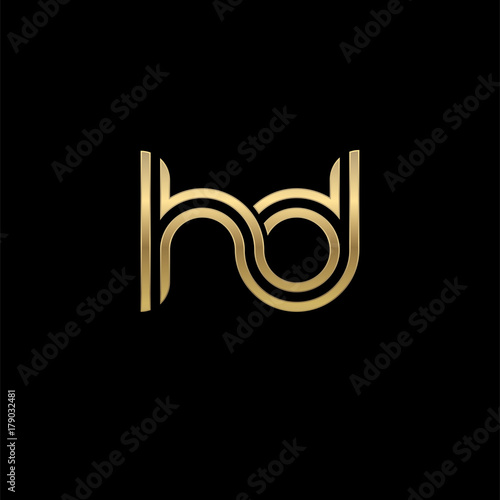 Initial lowercase letter hd, linked outline rounded logo, elegant golden color on black background