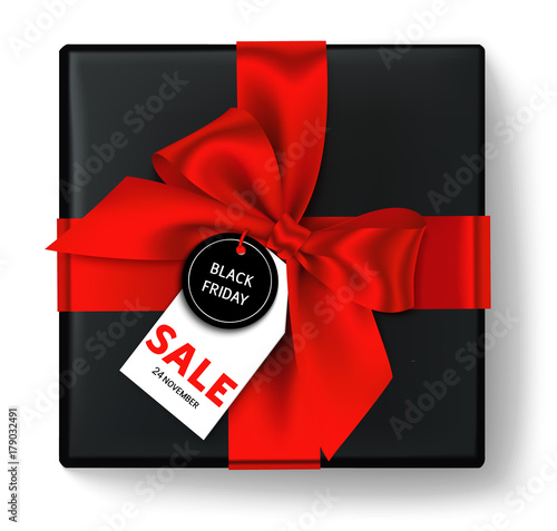 Black friday gift box with red bow ribbon and discount tag with SALE text. Holiday decoration. Vector object isolated on white