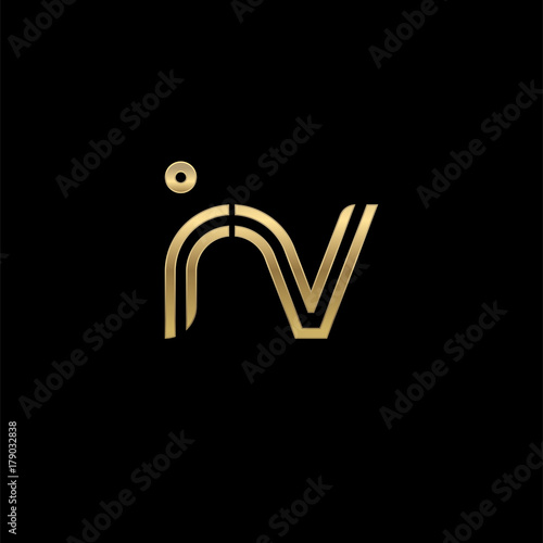 Initial lowercase letter iv, linked outline rounded logo, elegant golden color on black background
