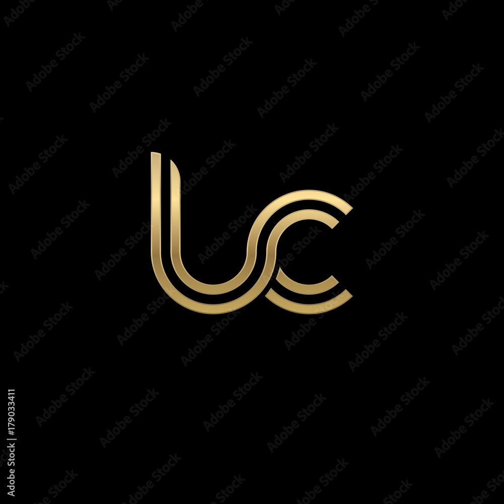 Initial lowercase letter lc, linked outline rounded logo, elegant golden color on black background