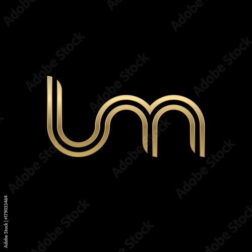 Initial lowercase letter lm, linked outline rounded logo, elegant golden color on black background