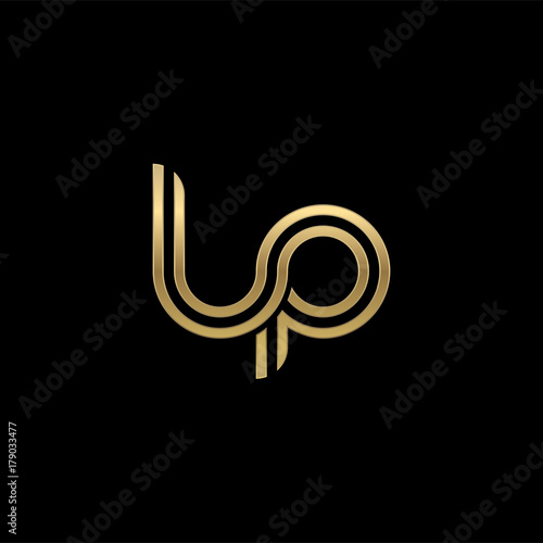 Initial lowercase letter lp, linked outline rounded logo, elegant golden color on black background