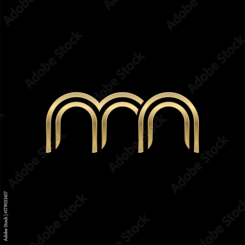 Initial lowercase letter mn, linked outline rounded logo, elegant golden color on black background