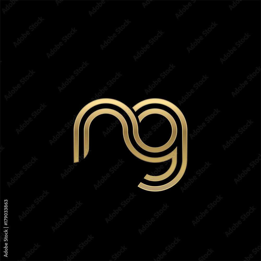 Initial lowercase letter ng, linked outline rounded logo, elegant golden color on black background