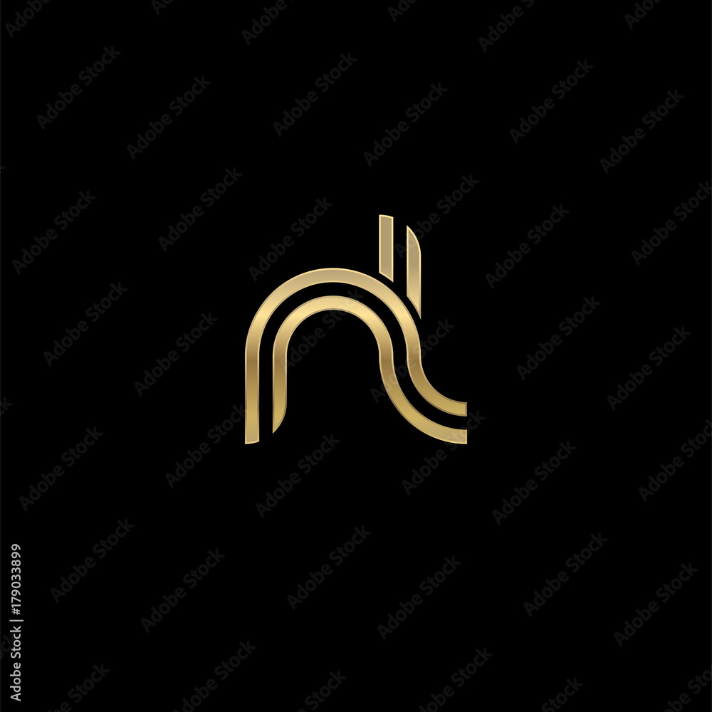 Obraz premium Initial lowercase letter nl, linked outline rounded logo, elegant golden color on black background
