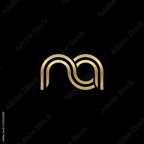 Initial lowercase letter na, linked outline rounded logo, elegant golden color on black background
