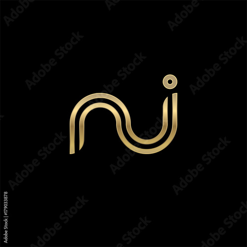Initial lowercase letter ni, linked outline rounded logo, elegant golden color on black background