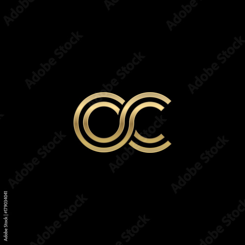 Initial lowercase letter oc, linked outline rounded logo, elegant golden color on black background