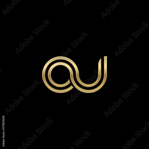 Initial lowercase letter ou, linked outline rounded logo, elegant golden color on black background