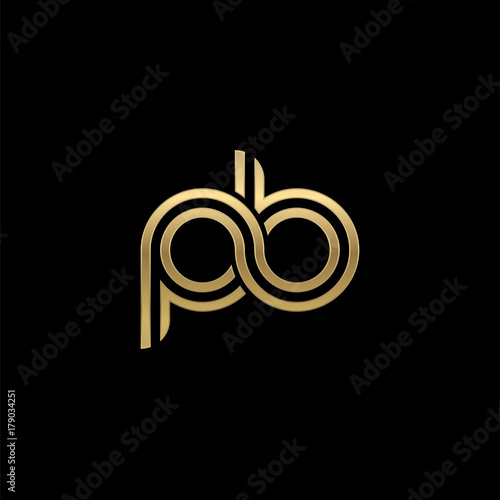 Initial lowercase letter pb, linked outline rounded logo, elegant golden color on black background