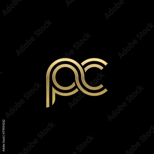 Initial lowercase letter pc, linked outline rounded logo, elegant golden color on black background