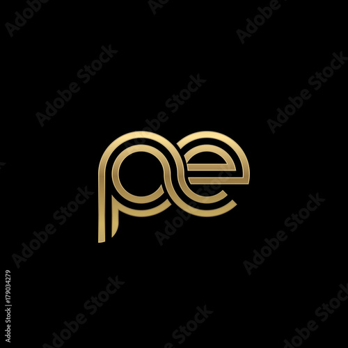 Initial lowercase letter pe, linked outline rounded logo, elegant golden color on black background