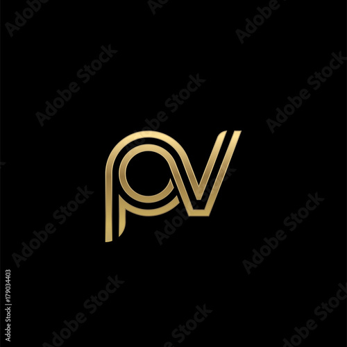Initial lowercase letter pv, linked outline rounded logo, elegant golden color on black background