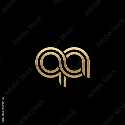 Initial lowercase letter qa, linked outline rounded logo, elegant golden color on black background