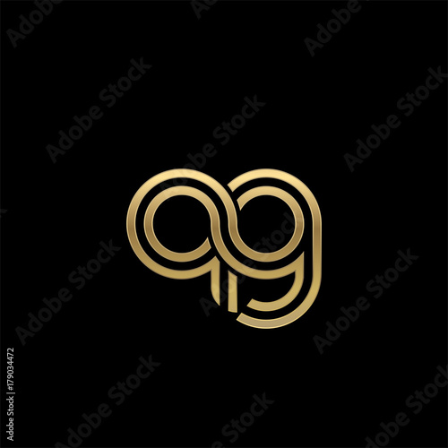 Initial lowercase letter qg, linked outline rounded logo, elegant golden color on black background