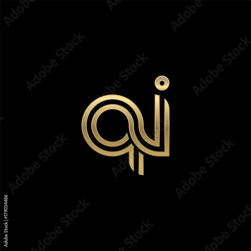 Initial lowercase letter qi, linked outline rounded logo, elegant golden color on black background