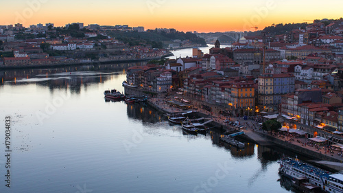Night view of the Douro river and Ribeiro, Porto, Portugal.