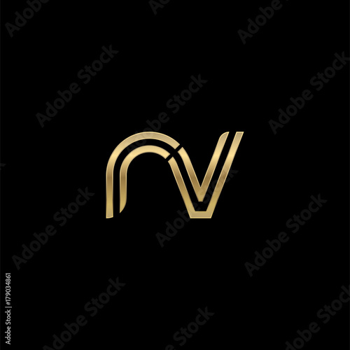 Initial lowercase letter rv, linked outline rounded logo, elegant golden color on black background