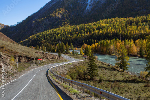 View of the landscape of the Altay Mountains and Chuya Highway in autumn, Altai Republic, Russia.
