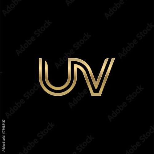Initial lowercase letter uv, linked outline rounded logo, elegant golden color on black background