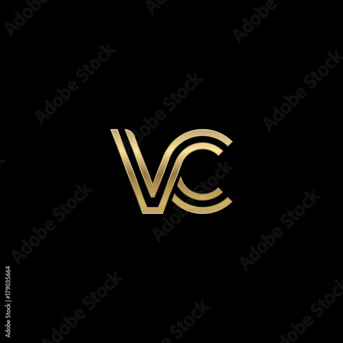 Initial lowercase letter vc, linked outline rounded logo, elegant golden color on black background